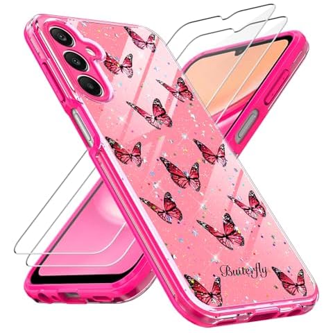 Voanice for Samsung Galaxy A15 5G Case with Screen Protector [2 Pcs], Women Girls Glitter Bling Sparkle Cute Butterfly Design Girly Phone Case, Slim Shockproof Soft TPU &Hard PC Protective Cover -Pink Cover