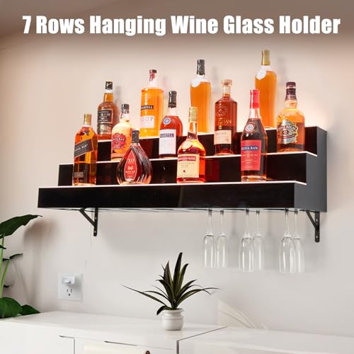 LED Lighted Liquor Bottle Display Shelf, 3 Tiers 30 Inch Acrylic Wall Mounted Whiskey Rack Stand with Remote & App Control, and Multi-color Lighting, Bar Bottle Display Shelf for Liquor Shelves