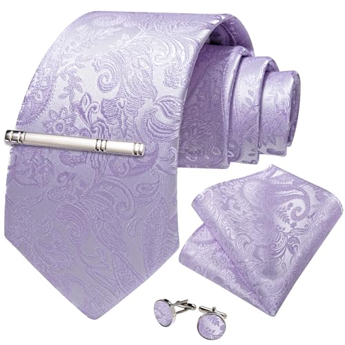 Image of DiBanGu Silk Floral Ties for Men Woven Paisley Necktie and Tie Clip Handkerchief Cufflinks Set for Party Wedding