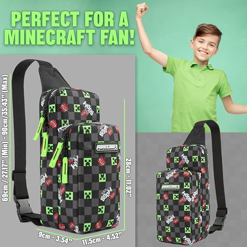 Minecraft Sling Bag Kinder, Brusttasche Umhängetasche mit Reißverschluss & Verstellbarem Gurt Geschenke für Jungs (Schwarz/Mehrfarbig)