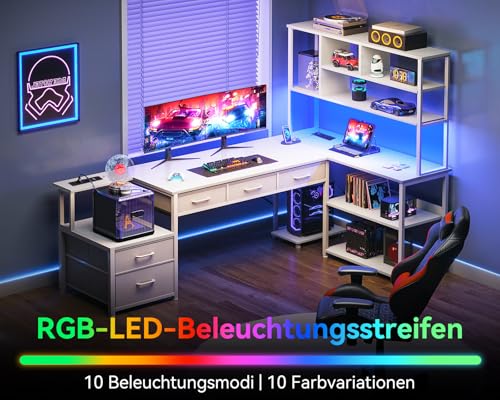 Coleshome Eckschreibtisch mit 5 Schubladen & 4 Regalen, 200×110cm Schreibtisch L-Form mit LED, Steckdosen & USB, großer Schreibtisch für Homeoffice, Weiß