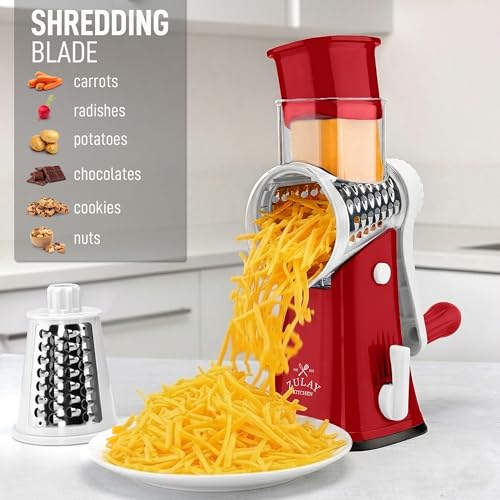Image of Zulay Kitchen Rotary Cheese Grater 5 Blade Cheese Shredder - Manual Hand Crank Cheese Grater With Reinforced Suction & 5 Interchangeable Drums - Easy to Use, Vegetable Chopper Round Mandoline Slicer