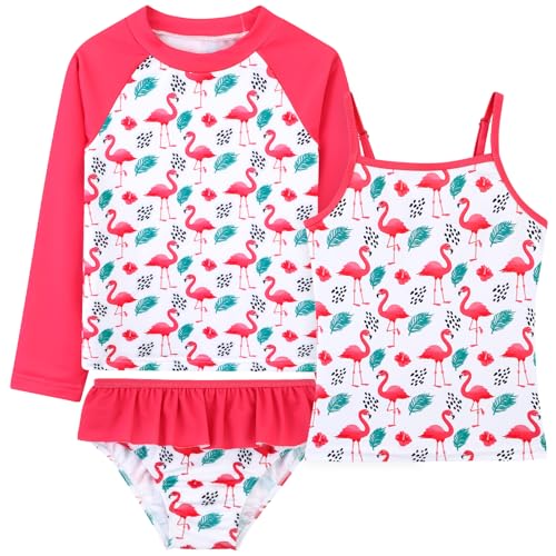 DAXIANG Girls Rash Guard Swimsuit Long Sleeve Swim Shirt 3 Piece Tankini Bathing Suit with Bottom for Kid Toddler 3-12 Years