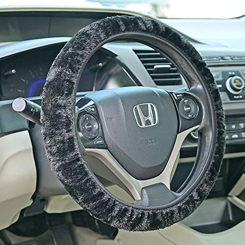 Fuzzy Steering Wheel Cover – Plush Black Universal Fit for 14–16” Wheels, Non-Slip Elastic Stretch Cushion Protector