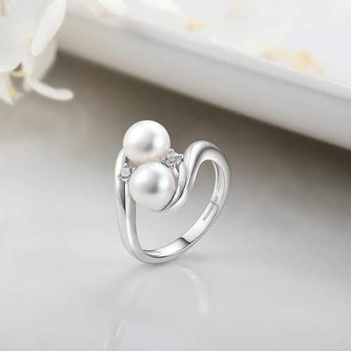 Miniatura 3 de JO WISDOM Anillo de perlas, plata de ley 925, circonita cúbica, anillos para mujer con dos perlas de 0.276in, perla cultivada en agua dulce blanca,