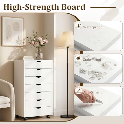 Image of 7 Drawer File Cabinet, Under Desk Storage Organization with Wheels, Mobile Filing Chest for Small Desk Printer Stand for Home Office, White