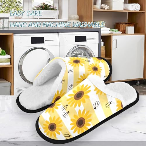 visesunny Funny Slippers for Women Men Soft Plush Warm Fuzzy Winter holiday slippers Sunflower Bee White Yellow Stripe Cozy House Slippers Comfy Bedroom Slippers Indoor Outdoor Shoes3