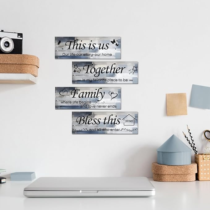MANDALA SOUL 4 Pieces Blue and Grey Abstract Living Room Wall Decor, Motivational Home Family Rustic Wall Art Decor for Bedroom Living Room, Rustic Wooden Farmhouse Home Decor, 12 x 4 Inch 3