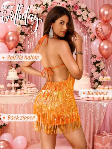 Image of Kaei&Shi Sequin Fringe Romper,Sparkly Glitter Metallic Jumpsuits For Women,Backless Shorts Dress Disco Birthday Dance Outfit