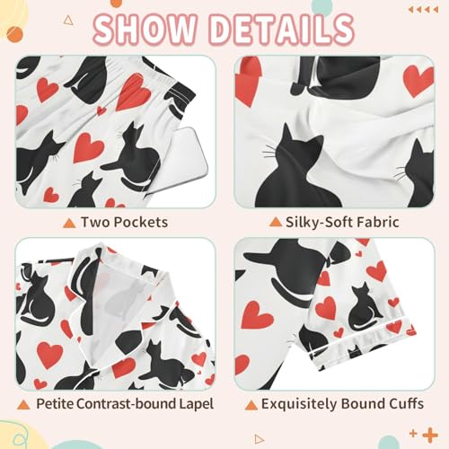 senya Silhouette Cats Hearts Satin Summer Pajama Sets Silk Short Sleeve Button Down Sleepwear3