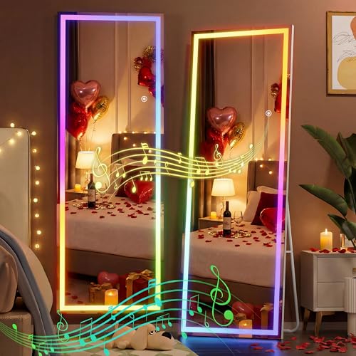 Hasipu 56x16 LED RGB Bluetooth Full Length Mirror with Lights Full Body Mirror with Stand Wall Mount & Free Standing Floor Mirror for Bedroom Living Room Cloakroom 7 Color & Brightness Adjustable