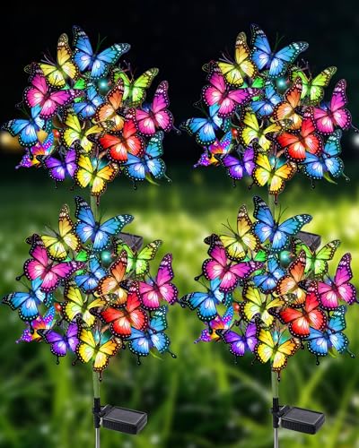 ZPQBEYE Solar Lights Outdoor Waterproof Decorative Solar Garden Lights Outside 4 Pack with 172 LED 68 Butterfly Flowers Garden Decor Yard Patio Lawn, Gifts for Women Mother's Day Mom
