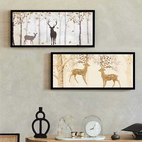 Image of PAINTINGMANTRA Framed Painting Auspicious Dear in the Wood Poster Framed Art Print For Living Room, Decorative Home & Wall Decor - Set Of 2 (Black Frame, 8x18 Inch)