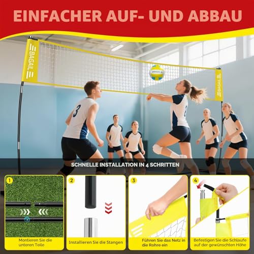 BAGAIL Volleyballnetz, 3.6m/6.1m 2-in-1 Volleyballnetz für den Garten - Verstellbare Höhe, Heavy-Duty-Rahmen, Freistehendes Design - Tragbares Outdoor/Indoor-Volleyball-Set mit Tragetasche, Gelb
