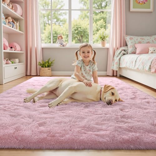 Pink Rugs for Living Room Fluffy 6x9 ft Bedroom Rug Non-Slip Area Rugs Shag Carpet for Nursery Kids PlayRoom Dorm Office Indoor Modern Plush Carpets Girls