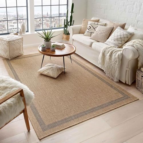 Taracarpet Outdoor & Indoor Teppich für Wohnzimmer Balkon Terrasse wetterfest Borneo Sisal-Jute-Optik naturfarben Natur Bordüre 067x180 cm