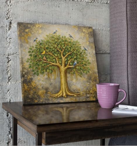 Image of Kunj Cart Kalpavriksha Tree Painting | 8+ DESIGNS | Kalpvriksh Tree Wall Painting | Lucky Tree Wall Art For Living Room, Bedroom and Office Decor | Canvas Painting for Wall Decoration (Design - E, 24x24 Inch, Framed)