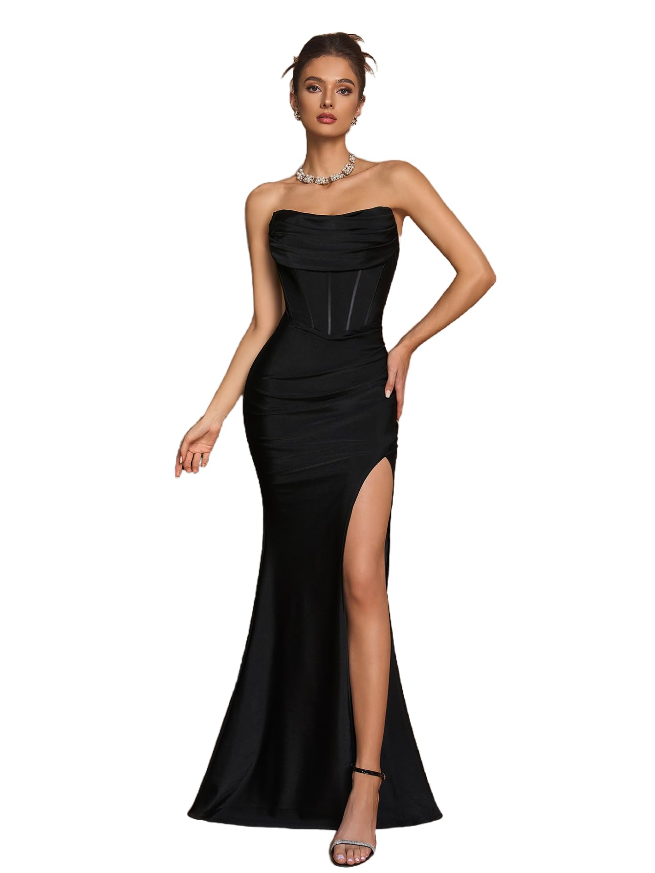 Womens Cocktail Dresses Elegant Black Strapless Slit Mermaid Evening Dresses for Wedding Guest