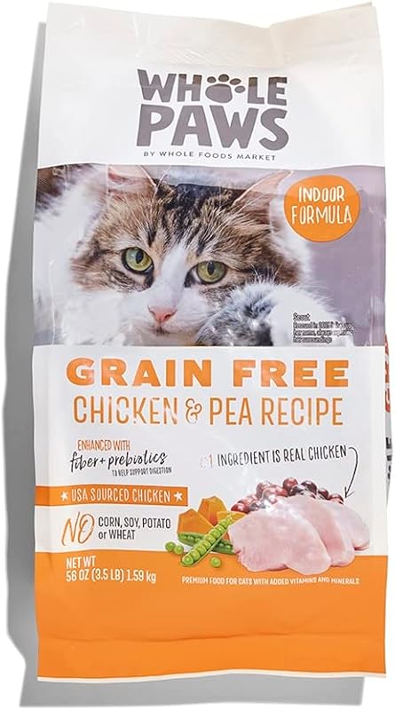 Ração seca para gatos Whole Paws sem grãos, frango e ervilha, com fibras e prebióticos, fórmula para gatos de interior, 1,59 kg
