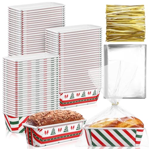 Teenyyou 50 Sets Christmas Paper Loaf Pan 6.3 x 2.2 x 2.2 Inch Mini Disposable Bread Pans with Clear Plastic Bags and Ties Rectangle Baking Mold Loaf Containers for Bread Cake Baking (Stripe Style)