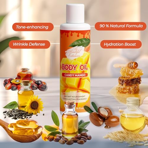 Image of Body oil designed for Deep Hydration to nourish, protect, and rejuvenate the skin while leaving it with a soft, radiant glow and a candy mango scent long -lasting fragrance, jojoba oil and more 6.76oz