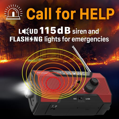 Image of FosPower NOAA Emergency Weather Radio A1 7400mWh Portable Power Bank, AM /FM, USB /Solar /Hand Crank Charging, Battery Operated, SOS Alarm & Flashlight for Indoor /Outdoor Emergency - Red