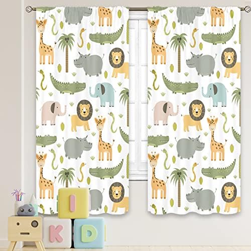 MESHELLY Nursery Safari Animals Curtains 42 (W) X 63(H) Inch Rod Pocket Baby Boy Kids Woodland Jungle Forest Lion Elephant Printed Curtains for Living Room Bedroom Window Drapes Fabric 2 Panels