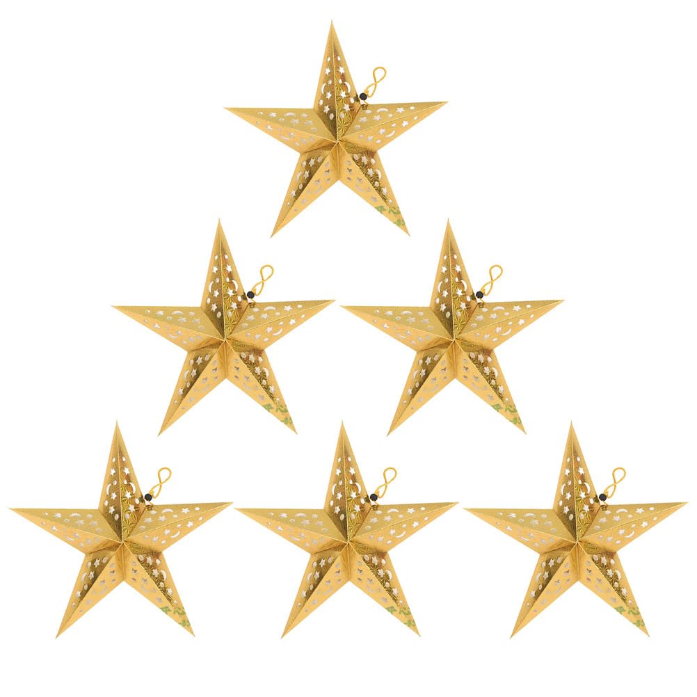 Housoutil Christmas Paper Star Lantern Lampshade, 6PCS Christmas Ceiling Gold Paper Stars Lampshade, Hollow 3D Pentagram for Xmas Wedding Party Home