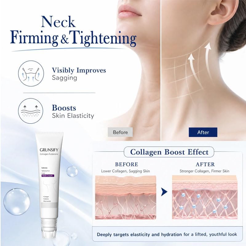 Image of Grunsify Collagen Fullerene Neck Cream With Roller, Magic Collagen Fullerene Neck Cream, Firming & Tightening With Collagen Peptides, Retinol & Hyaluronic Acid, Reduces Wrinkles & Double Chin