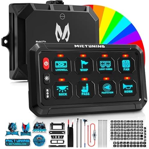 MICTUNING Upgraded P1s-X RGB 5 Inch 8 Gang Switch Panel, Multifunction Toggle Momentary Strobe Pulsed Switch Pod, 5-Level Brightness Circuit Control Relay System Box for Truck RV Offroad Cover