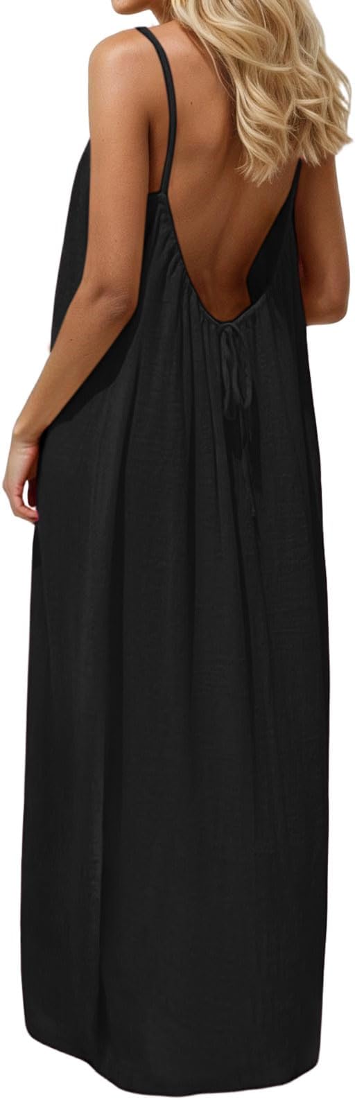Women's Solid Color Backless Cami Dresses for Women Open Back House-Dress Sleeveless Beach Vacation Clothes