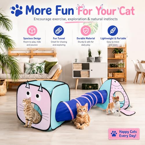 Image of Rypet Cat Toy Tunnel and Cubes Bundle - Interactive Crinkle Collapsible Cat Tube and Foldable Cubes Playground for Kitty, Rabbit, Puppy, Ferret Hiding Hunting and Resting