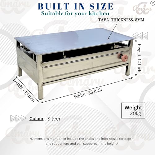 Image of Amaru Stainless Steel Commercial Dosa Bhatti for Hotel & Restaurant Use | Heavy-Duty Dosa Cooking Bhatti with Bullet Burner And Tawa (Size-30Lx15Wx12H Tawa 6mm (Size-36Lx15Wx12H Tawa 8mm)