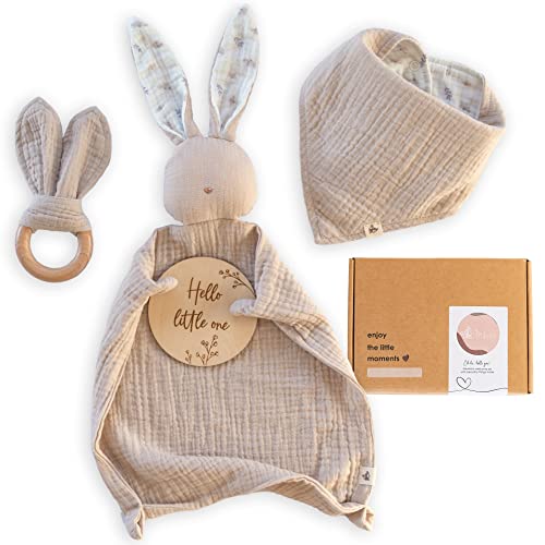 Mikito Baby Geschenk Junge & Mädchen/Neugeborenen Geschenk mit Musselin Schnuffeltuch + Beißring + Lätzchen + Baby Holzschild/Baby Set als Geschenk zur Geburt