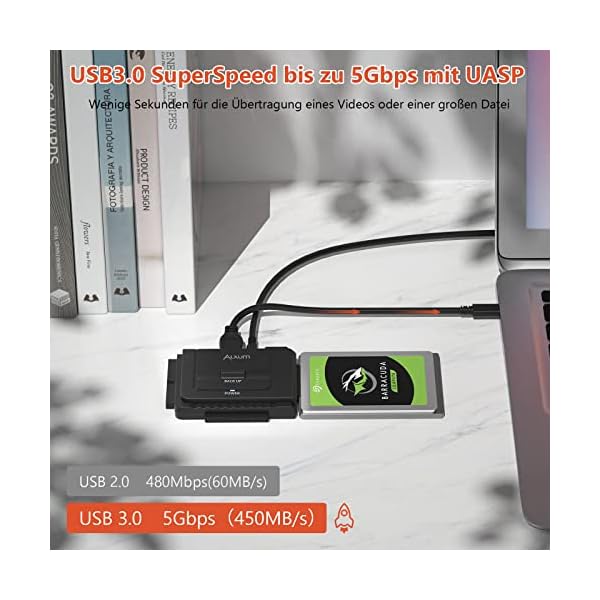 Alxum IDE SATA Adapter,USB 3.0 IDE Festplatten Adapter mit Netzschalter Adapter für 2.5/3.5 Zoll SATA HDD & IDE HDD Festplatten Konverter, mit 12V/2A Netzteil und USB C Kabel – Bild 4