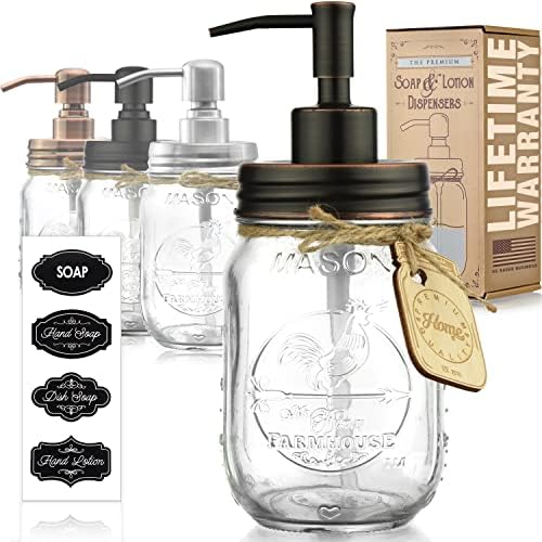 Mason Jar Soap Dispenser - Kitchen Soap Dispenser, Dish Soap Dispenser - Farmhouse Decor Hand Soap Dispenser for Bathroom or Lotion Dispenser (16 Oz, 304 Stainless - Rustproof Oil Rubbed Bronze Pump)