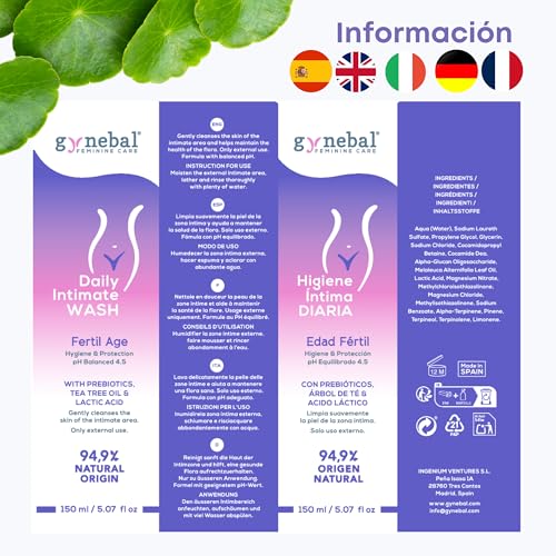 GYNEBAL - Jabon Intimo Mujer Edad Fertil - PH 4.5 - PURIFICANTE con Arbol de Te + Prebiotico + Acido Lactico - Gel Higiene Intima Diaria – 150 ml - imagen 6