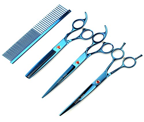 Image of 8.0 inch Professional PET Grooming scissors Kit,CoatedTitanium,Sharp and Strong Stainless Steel Blade for Dogs Cats Hair Cutting,3 Pieces of Scissors with a Comb and a Case (Blue)