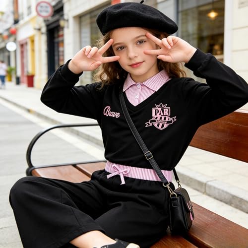 Image of Yoxindax Girls 2-Piece Clothes 2 In 1 Collared V-Neck Sweatshirt Wide Leg Contrast Color Pants Winter 7-14Y Outfits Set