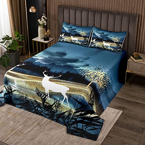 Weihnachten Elch Tagesdecke Mädchen Teens,Golden Trees Galaxy Bettdecke Set 3-teilig Dekorativ mit 2 Kissenbezügen,Natural Night Scenery Mikrofaser Bettwäsche gesteppt 220x240cm für Mädchen Teens