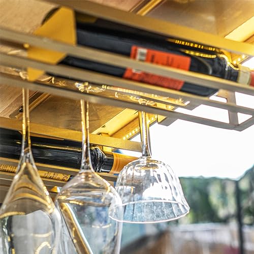 Image of HAUS OF BARS by SpeedX - Model J - Multi-Functional, Portable and Foldable Bar Table in Matte Gold Finish with Wooden Top