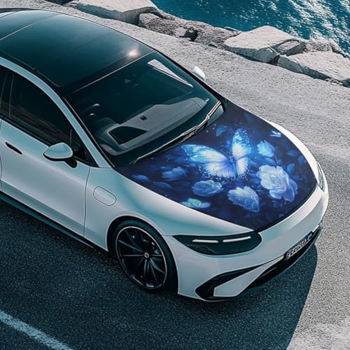 Image of Blue Bling Butterfly Car Hood Cover Polyester Elastic Fabrics Washable Suitable for Large SUV and Pickup Trucks 39x59in