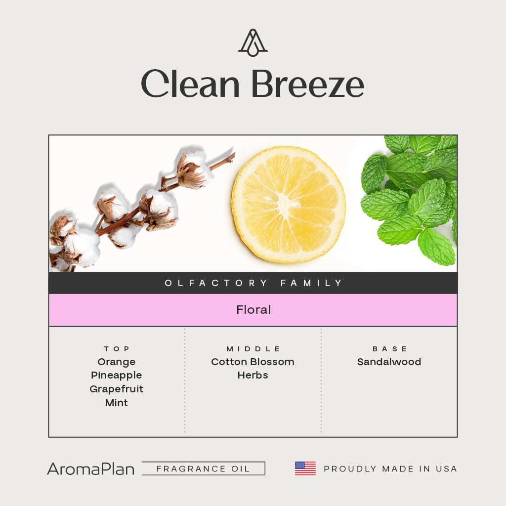 AromaPlan Scents, Clean Smelling Essential Oils, Clean Breeze Inspired by D. (5 Fl Oz /148ml)-Fresh Scent Essential Oil for Diffuser, USA Fragrance, Bigger Bottle, Bolder Aroma & Longer Lasting