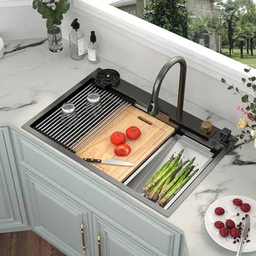 Image of Kichae 33 Black Kitchen Sink Drop In Waterfall Stainless Steel 16 Gauge
