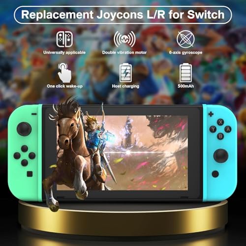 Manette Switch L/R sans fil compatible avec Switch, Lite et OLED en coloris vert et bleu