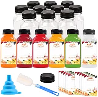 10pcs 8oz Plastic Juice Bottles with Caps for Juicing & Smoothies, Reusable Empty Clear Bottles with Label, Funnel and Brush, Bulk Beverage Drink Containers with Lids for Mini Fridge, Milk, Water