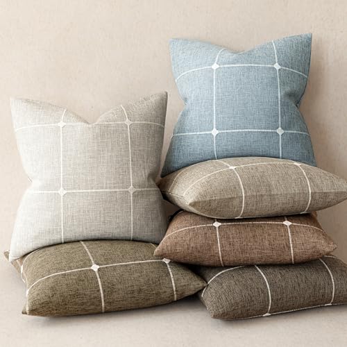 Image of Foindtower Pack of 2 Decorative Faux Linen Jacquard Check Throw Pillow Covers Farmhouse Cushion Cover with Grid Textured Accent Pillowcase for Couch Sofa Living Room Home Decor,16x16 Inch,Light Blue