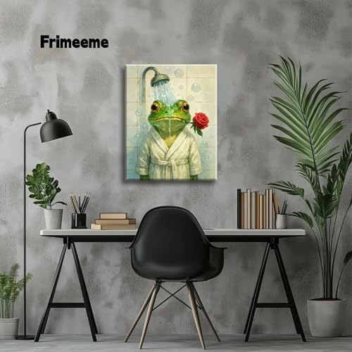 Image of Frimeeme Cute Shower Frog Framed Canvas Wall Art 12x16