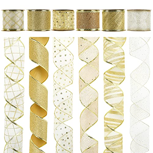 MEEDEE Gold and White Ribbon for Christmas Trees - 2.5 Inch, 6 Ro...