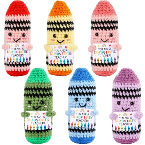 6 Pcs Teacher Appreciation Gifts Positive Crochet Crayon with Card Emotional Crochet Thank You Gift for Teachers' Day End of Year First Day of School Graduation Birthday Retirement Office Desk Decor